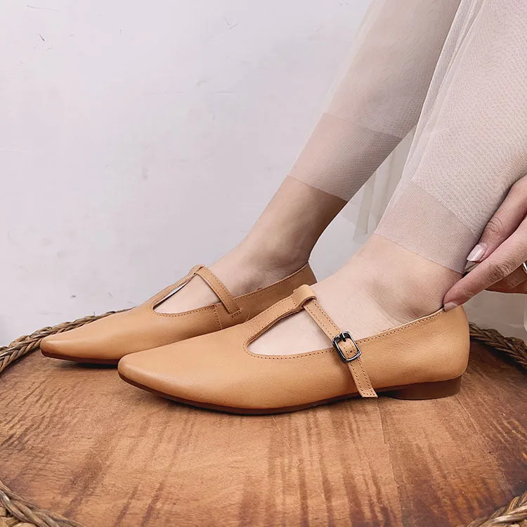 Womens Pointed Toe Leather Mary Jane Shoes