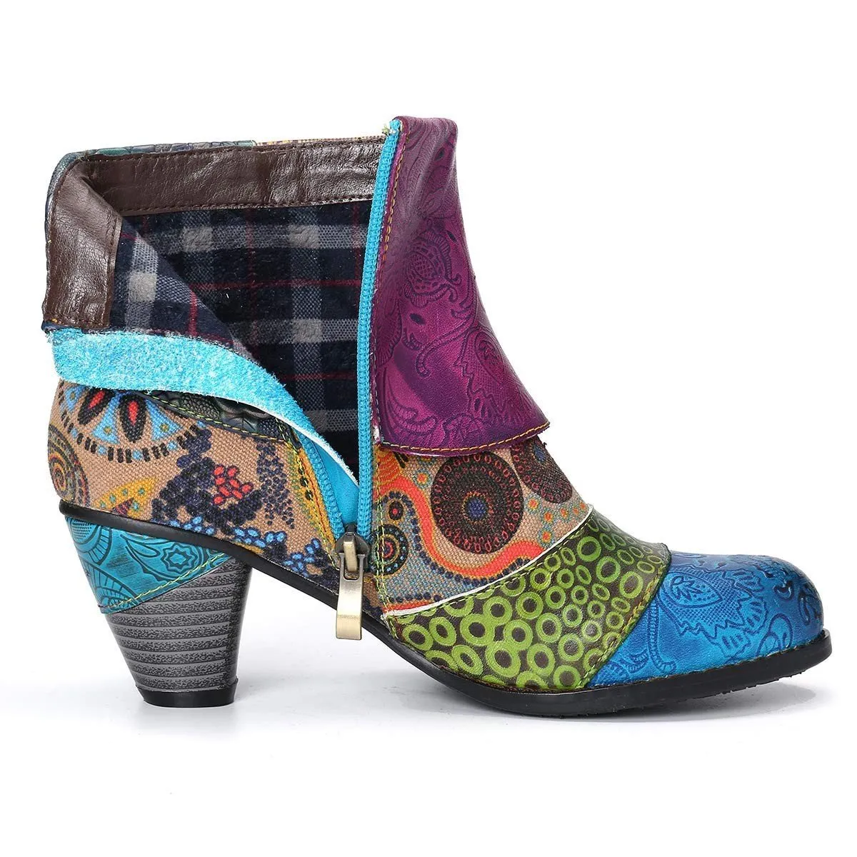 Women's retro flower print ankle booties ethnic patchwork zipper  booties