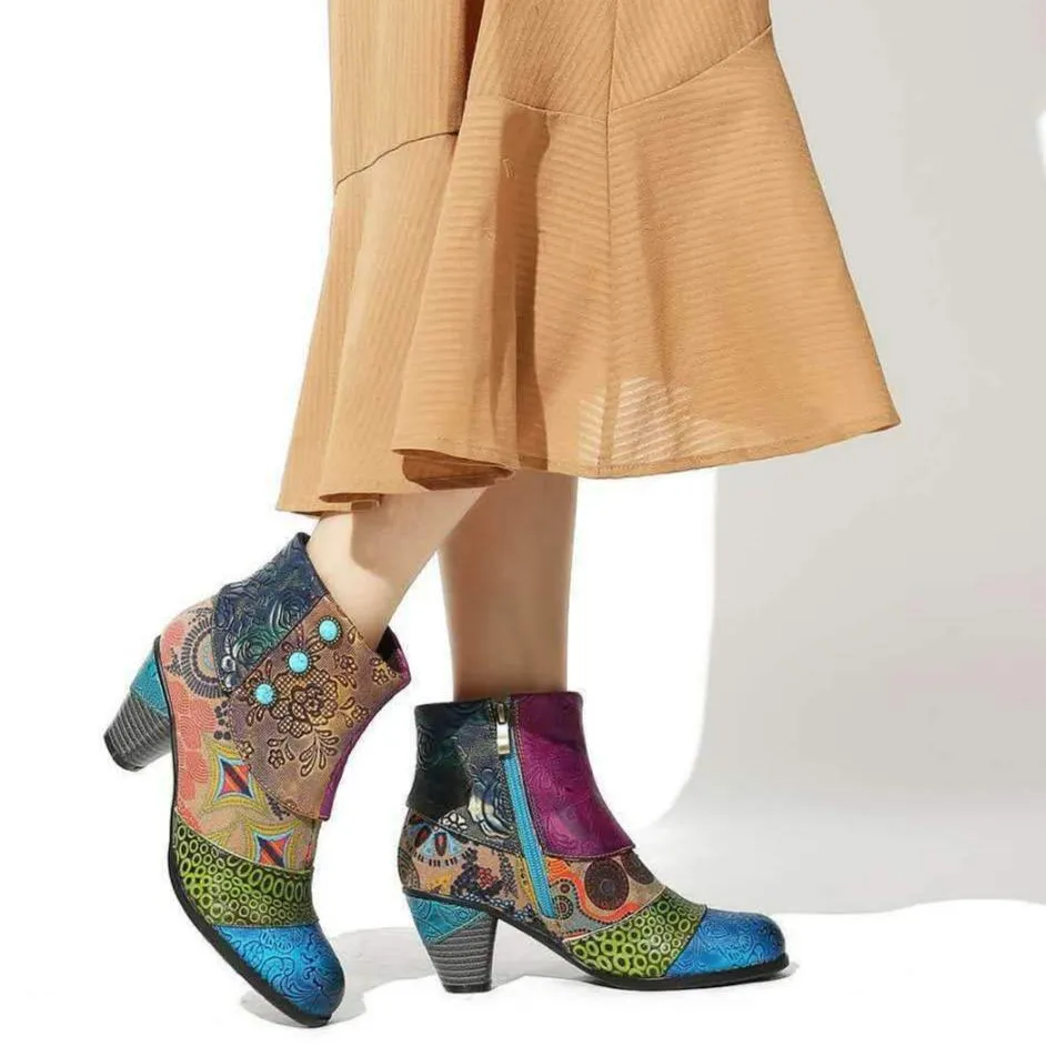 Women's retro flower print ankle booties ethnic patchwork zipper  booties