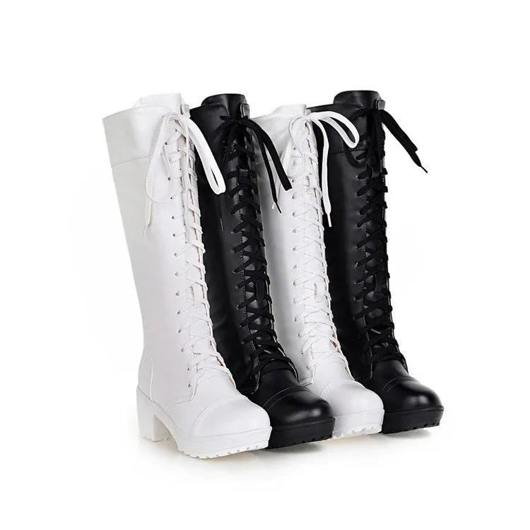 Women's Round Toe Lace Up Stitching Block Heel Platform Knee High Boots