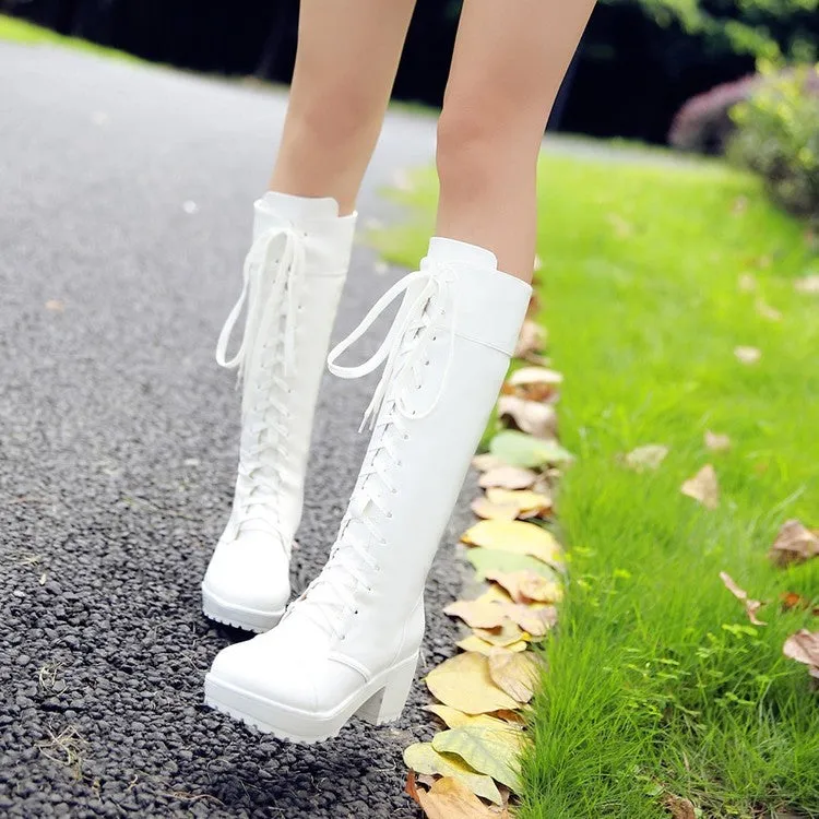 Women's Round Toe Lace Up Stitching Block Heel Platform Knee High Boots