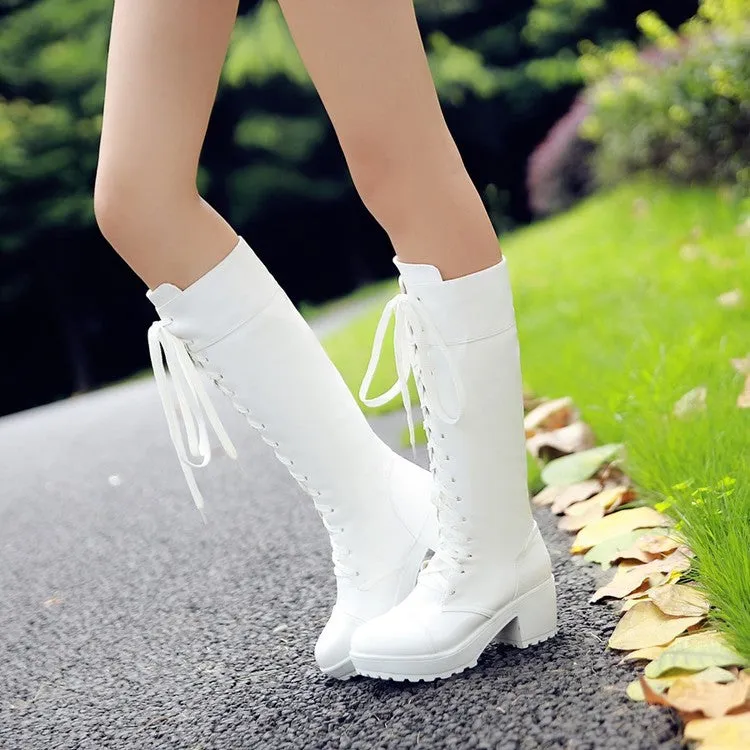 Women's Round Toe Lace Up Stitching Block Heel Platform Knee High Boots