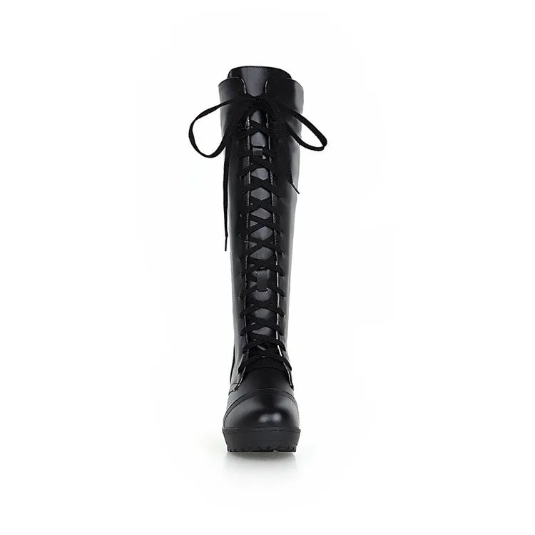 Women's Round Toe Lace Up Stitching Block Heel Platform Knee High Boots