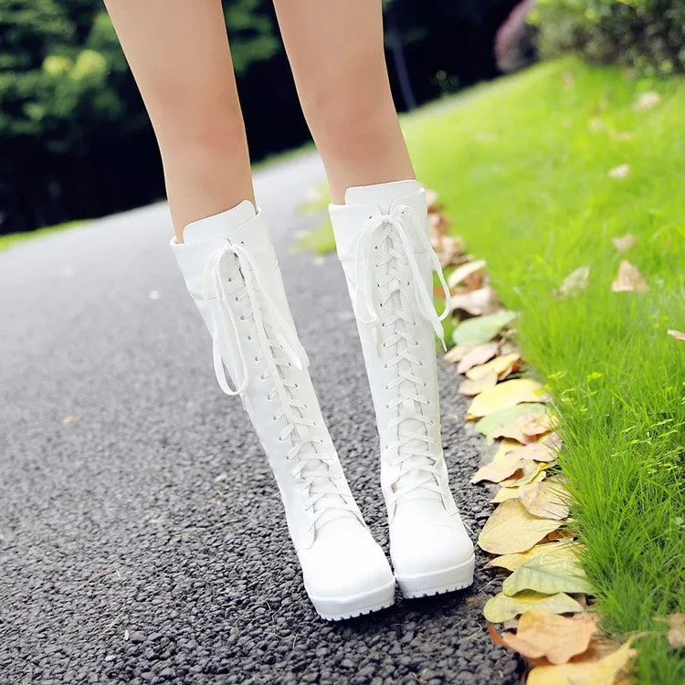 Women's Round Toe Lace Up Stitching Block Heel Platform Knee High Boots