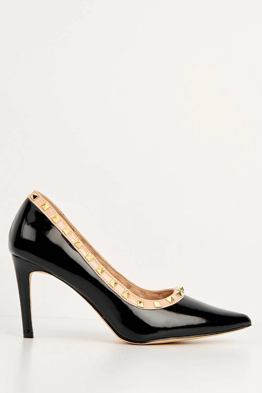 Zafira Gold Studded Court Shoes in Black Patent