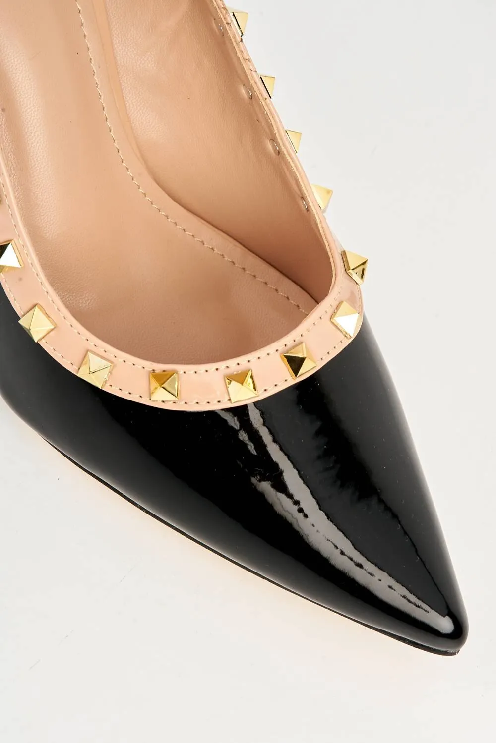 Zafira Gold Studded Court Shoes in Black Patent