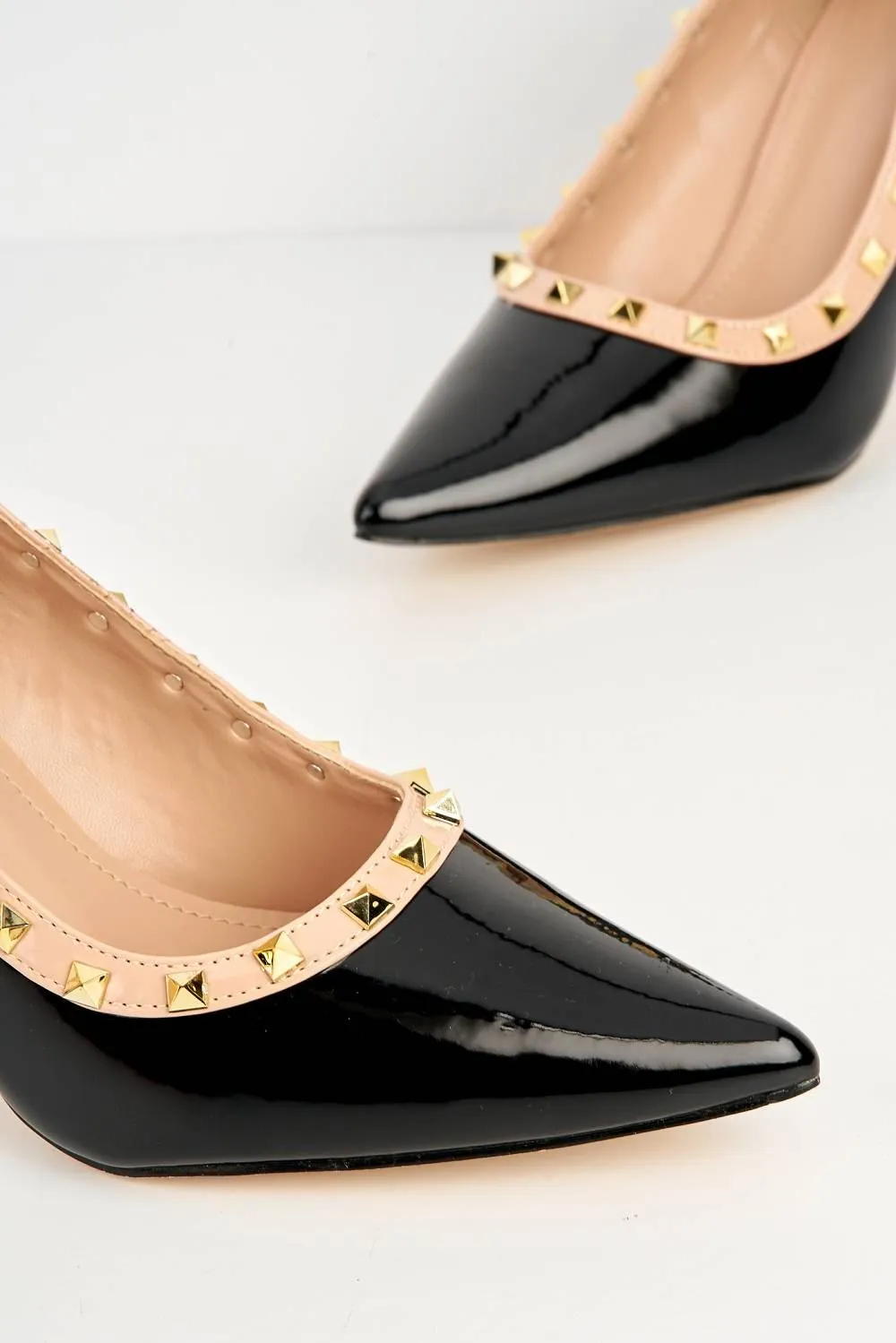 Zafira Gold Studded Court Shoes in Black Patent