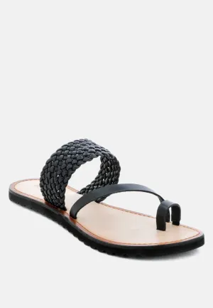 ZINA Black Braided Leather Flat Sandal